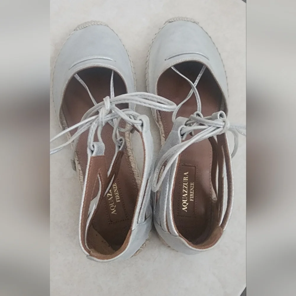 Aquazzura Firenze Silver Espadrille Lace-Up Flats,‎ Size 37.